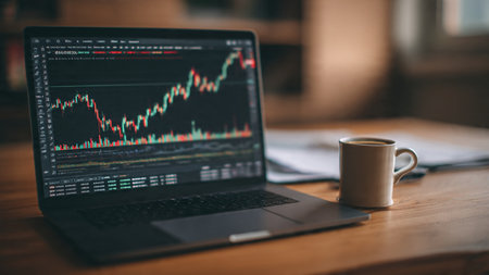 Organized trading workspace with laptop analytics and a fresh cup of cappuccino.の写真素材