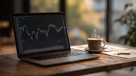 A professional desk with detailed market charts on a laptop and coffee beside financial summaries.の写真素材