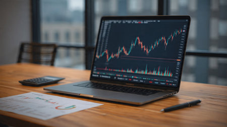 A quiet wooden desk for analysis featuring laptop charts and morning beverage.の写真素材
