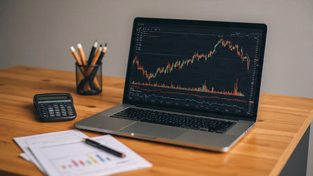 A modern trading workstation with coffee, laptop charts, and financial reports.の写真素材