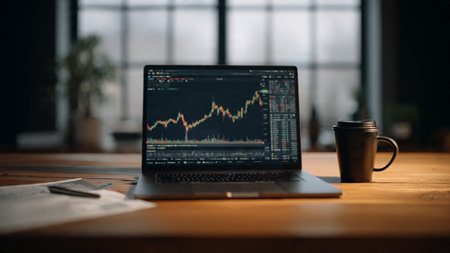 Financial performance graphs displayed on laptop sitting near reports and morning brew.の写真素材