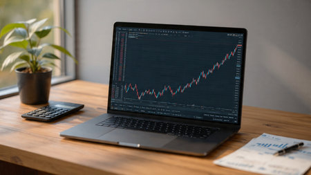 A trading dashboard loaded with market figures sits beside documents and coffee.の写真素材