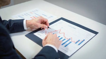 A laptop displaying fluctuating stock graphs sits beside neatly stacked documents and a warm coffee on a clean wooden desk.の写真素材