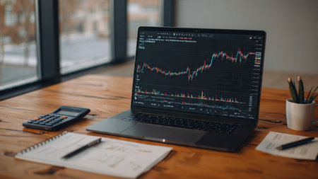 A laptop showing trend lines sits on a desk with documents and a steaming coffee cup.の写真素材