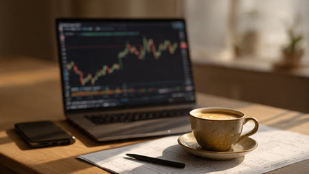 A sleek laptop with stock fluctuations sits with documents and coffee on a structured workspace.の写真素材
