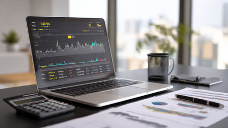 The laptop shows trading movement while documents and coffee enhance workspace comfort.の写真素材