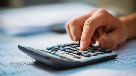 A calculator sits on financial documents.の写真素材