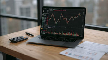 A trading office scene with active graphs on laptop and freshly brewed coffee.の写真素材