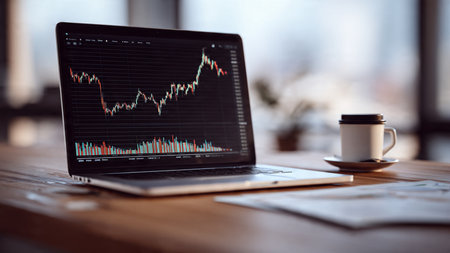 Wooden desk reflecting financial activity with laptop charts and printed analysis.の写真素材
