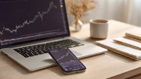 A laptop analyzing market patterns sits beside paperwork and coffee on a modern desk.の写真素材