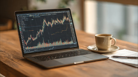 A wooden trading workspace centered on laptop analytics, research papers, and a steaming coffee mug.の写真素材