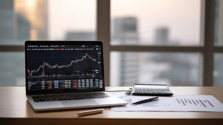 A tidy financial workstation with live market charts on a laptop and a cup of coffee resting on wood.の写真素材