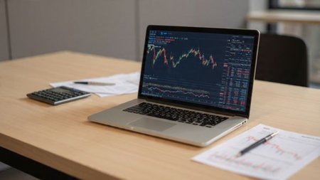 A peaceful wooden desk showcasing laptop economic charts and a warm cappuccino.の写真素材