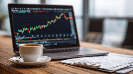 A clean modern desk displaying financial data, research documents, and a coffee cup.の写真素材