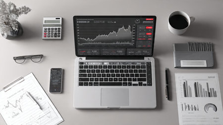 A polished wooden table supporting a laptop full of financial analytics and a coffee mug.の写真素材
