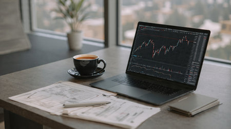 A wooden office desk displays trading charts, economic data, and a cup of black coffee.の写真素材