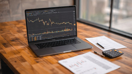 Laptop showcasing candlestick charts stands beside analysis sheets and a ceramic coffee mug.の写真素材