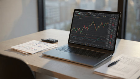 Real-time trading charts glow on a sleek laptop screen placed next to reports and a coffee on a wooden desk.の写真素材