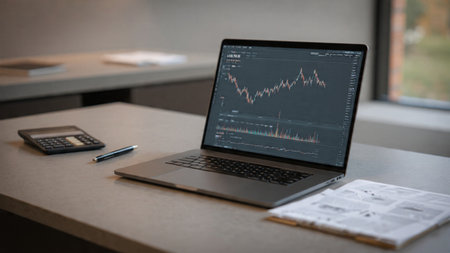 A wooden desk featuring financial analysis tools, printed sheets, and a steaming mug.の写真素材