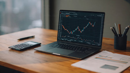A laptop showing trend lines sits on a desk with documents and a steaming coffee cup.の写真素材