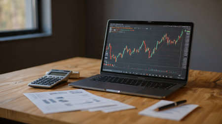 A bright trading table with financial dashboards on a laptop and warm coffee on a wooden surface.の写真素材