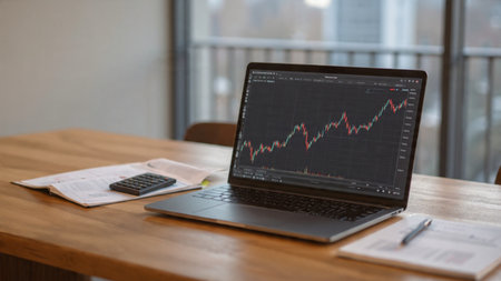 A wooden desk featuring market tracker laptop and supporting papers.の写真素材