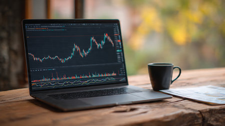 A professional morning trading setup with charts, papers, and hot beverage.の写真素材