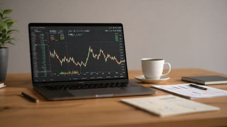 A wooden desk with a laptop showing financial analytics, reports, and a warm beverage.の写真素材