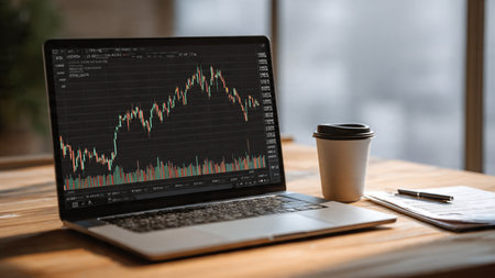 A laptop showing price bars sits next to financial planners and a cup of steaming coffee.の写真素材