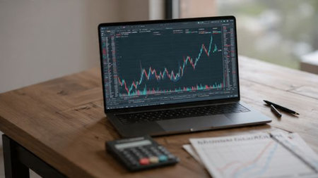 Clean financial workspace featuring trading dashboards, printed analytics, and a modern coffee cup.の写真素材