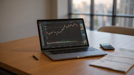 Stock movement charts fill the laptop screen as coffee and documents rest nearby.の写真素材