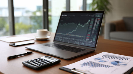 A wooden workspace holding a laptop showing trend lines next to fresh morning coffee.の写真素材