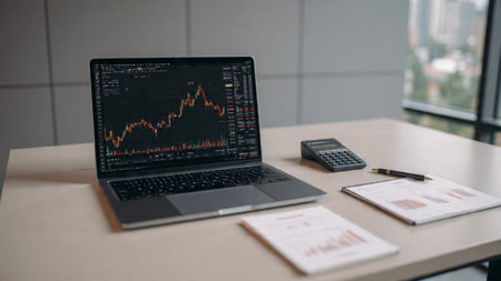 A laptop packed with trading visuals is paired with documents and coffee on a tidy desk.の写真素材
