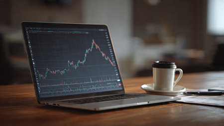 Stock movement visuals on laptop create a productive atmosphere with notes and coffee.の写真素材