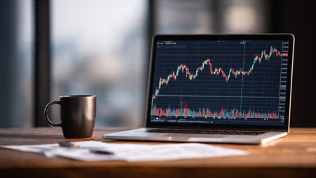 Modern wooden desk showcasing detailed candlestick charts and neatly stacked documents.の写真素材