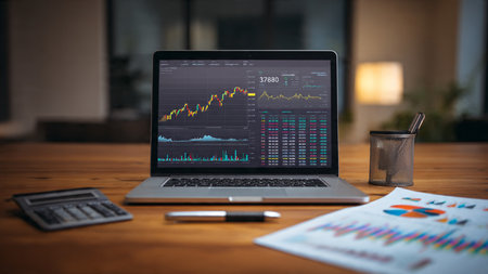 Real-time trading charts glow on a sleek laptop screen placed next to reports and a steaming coffee on a wooden desk.の写真素材