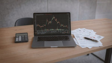 A full analytical setup where a laptop shows dynamic charts beside financial notes.の写真素材