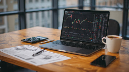 A professional trading environment with charts, documents, and coffee cup on desk.の写真素材