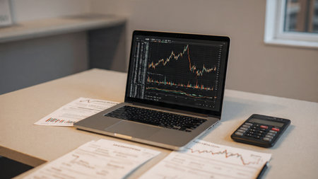 Market fluctuation graphs appear on laptop with supporting documents and coffee.の写真素材