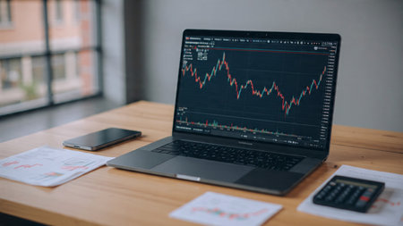 A polished wooden desk decorated with laptop market data, pens, papers, and coffee.の写真素材