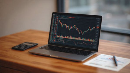 Laptop showing real-time stock flow sits beside reports and coffee on a clean desk.の写真素材