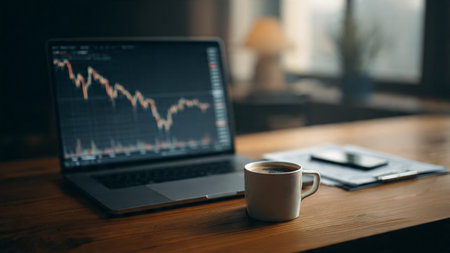 Vibrant stock market graphs are displayed on a laptop amid documents and a mug of coffee on a wooden desk.の写真素材