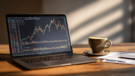 A laptop showcasing market analytics surrounded by investment papers and warm coffee.の写真素材