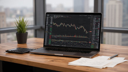 A laptop showing stock performance with organized research papers and a hot beverage on a wooden table.の写真素材