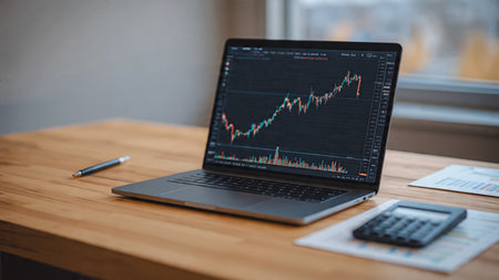 A clean wooden desk with stock analysis charts glowing on a laptop beside a warm drink.の写真素材