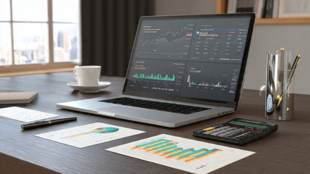 Market changes displayed on laptop while coffee and analysis reports sit on a wooden desk.の写真素材