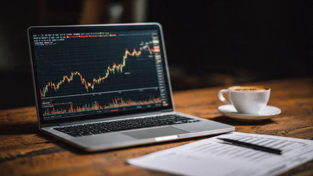 A calm workspace holds a laptop chart display, analysis papers, and fresh coffee.の写真素材