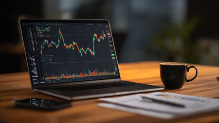 A wooden workspace holding a laptop showing trend lines next to fresh morning coffee.の写真素材