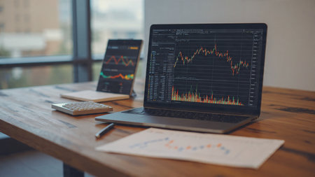 A contemporary wooden desk featuring laptop data screens and a warm ceramic coffee.の写真素材