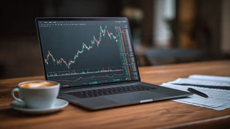 Laptop screen glowing with market analysis, surrounded by printed economic graphs and a fresh cup of coffee on a clean wooden desk.の写真素材